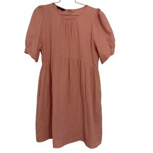 Dokotoo Pink Gauze Cotton Babydoll Dress Short Sleeve Button Back Mini Size L